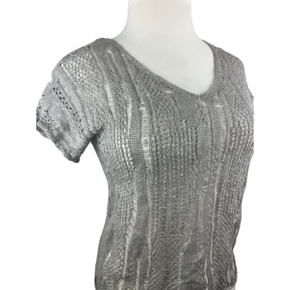Eileen Fisher Open Knit V-Neck Short Sleeve Sweater Linen Metallic PP Petite Top - Picture 5 of 16